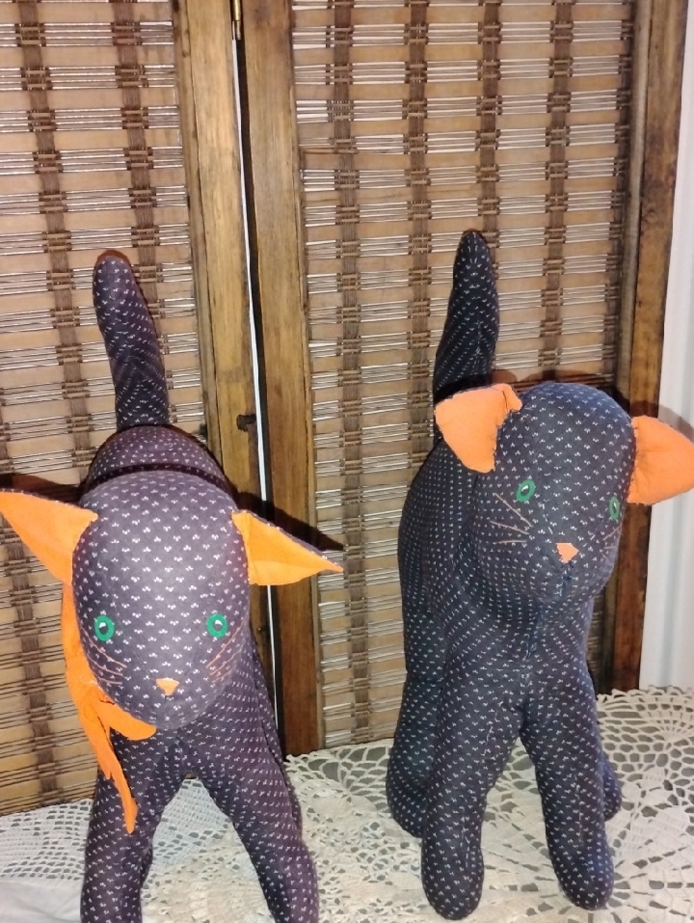Vintage Handmade Fabric Cat Plush Pair in Brown Fabric w/ Orange Ears Cat Decor